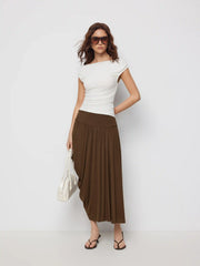 Mid Rise Cocoon Ruched Pleated Midi Skirt