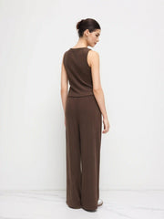 Boat Neck Waistcoat & Mid Rise Elastic Waist Wide Leg Trousers Set
