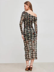 Mesh Asymmetrical Neck Floral Checks Ruffle Hem Maxi Dress