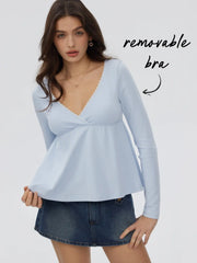 Cotton-blend V-neck Babydoll Lace Trim Peplum Long Sleeve Top