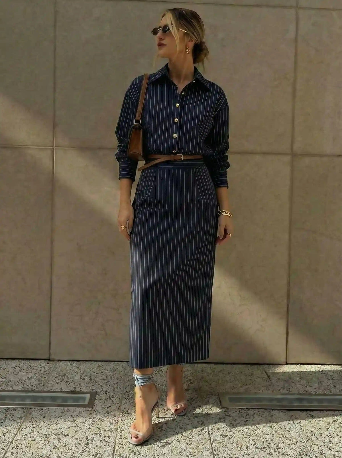 Striped Collar Button Front Maxi Dress