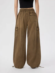 Denim Mid Rise Drawstring Wide Leg Cargo Jeans