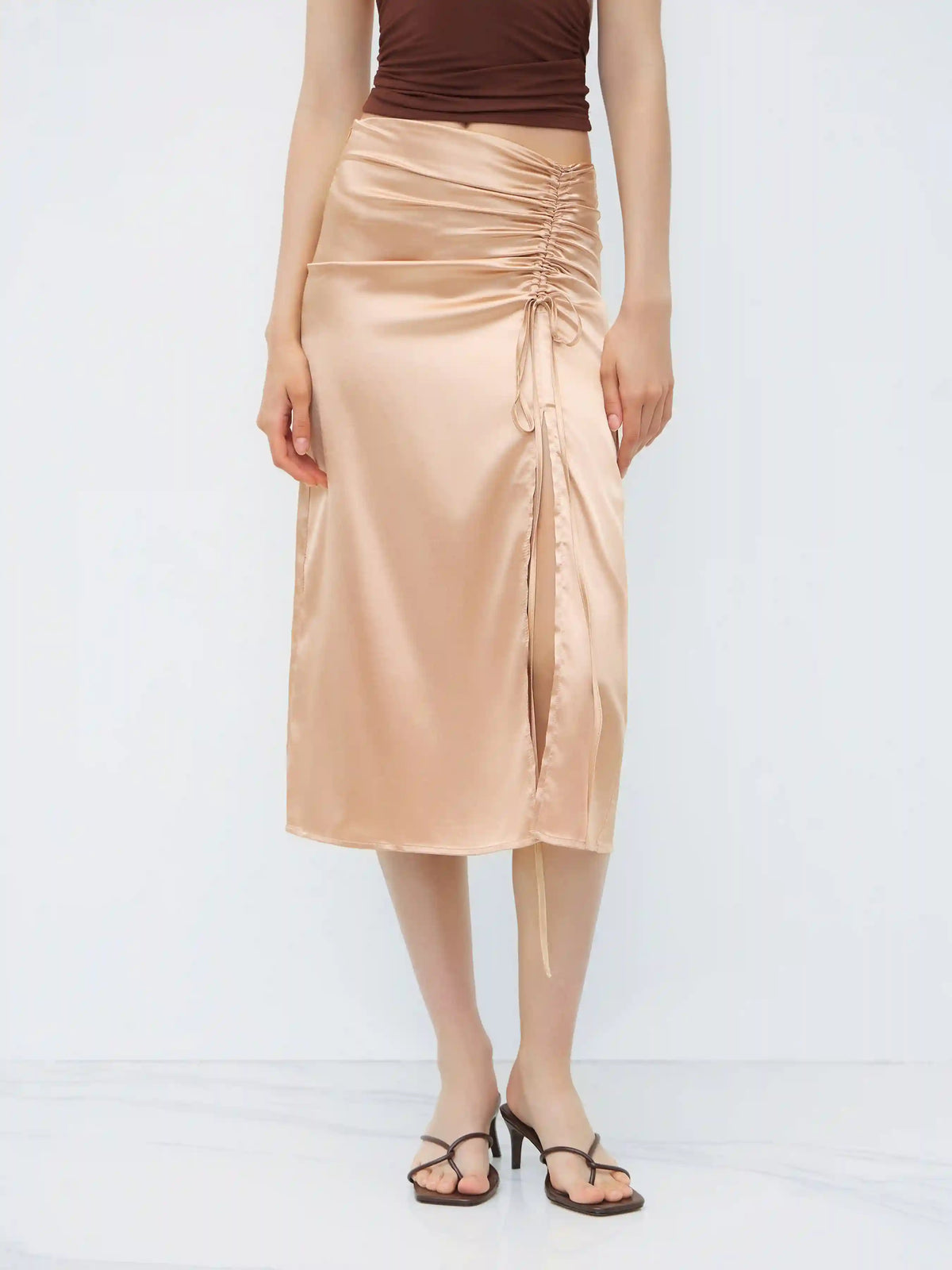 Satin Drawstring Split Midi Skirt