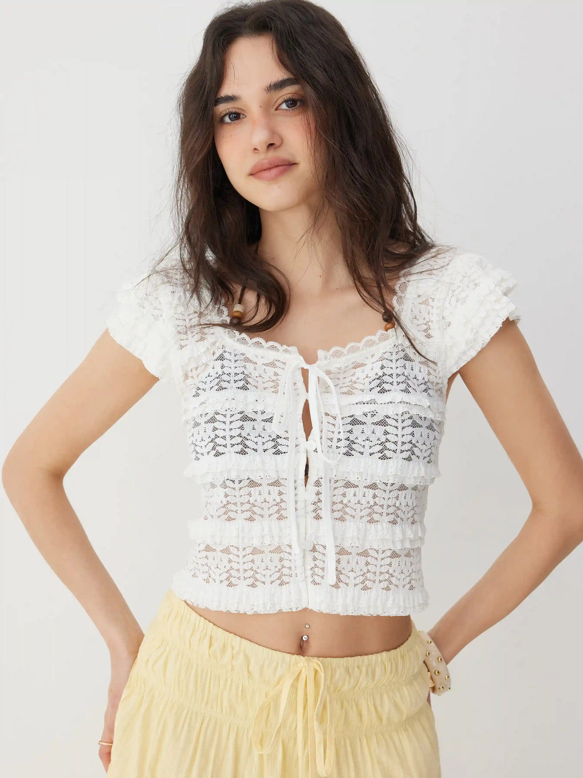 Hollow Out Lace Panel Square Neck Ruffle Sleeve Oversized Crop Top