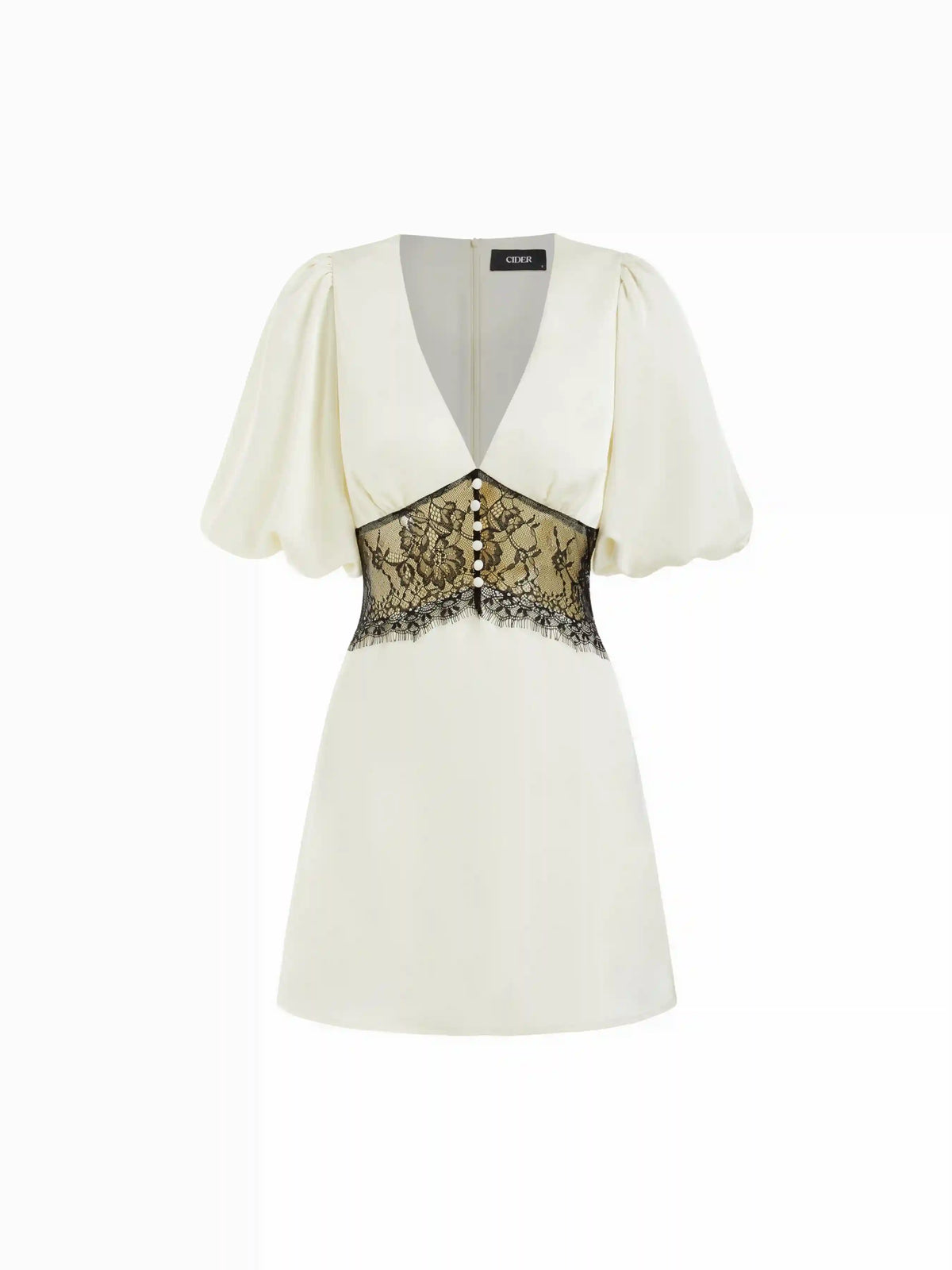 Satin V-neck Contrasting Lace Lantern Sleeve A-line Mini Dress