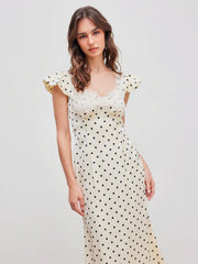Woven Sweetheart Polka Dot Lace Trim Maxi Dress