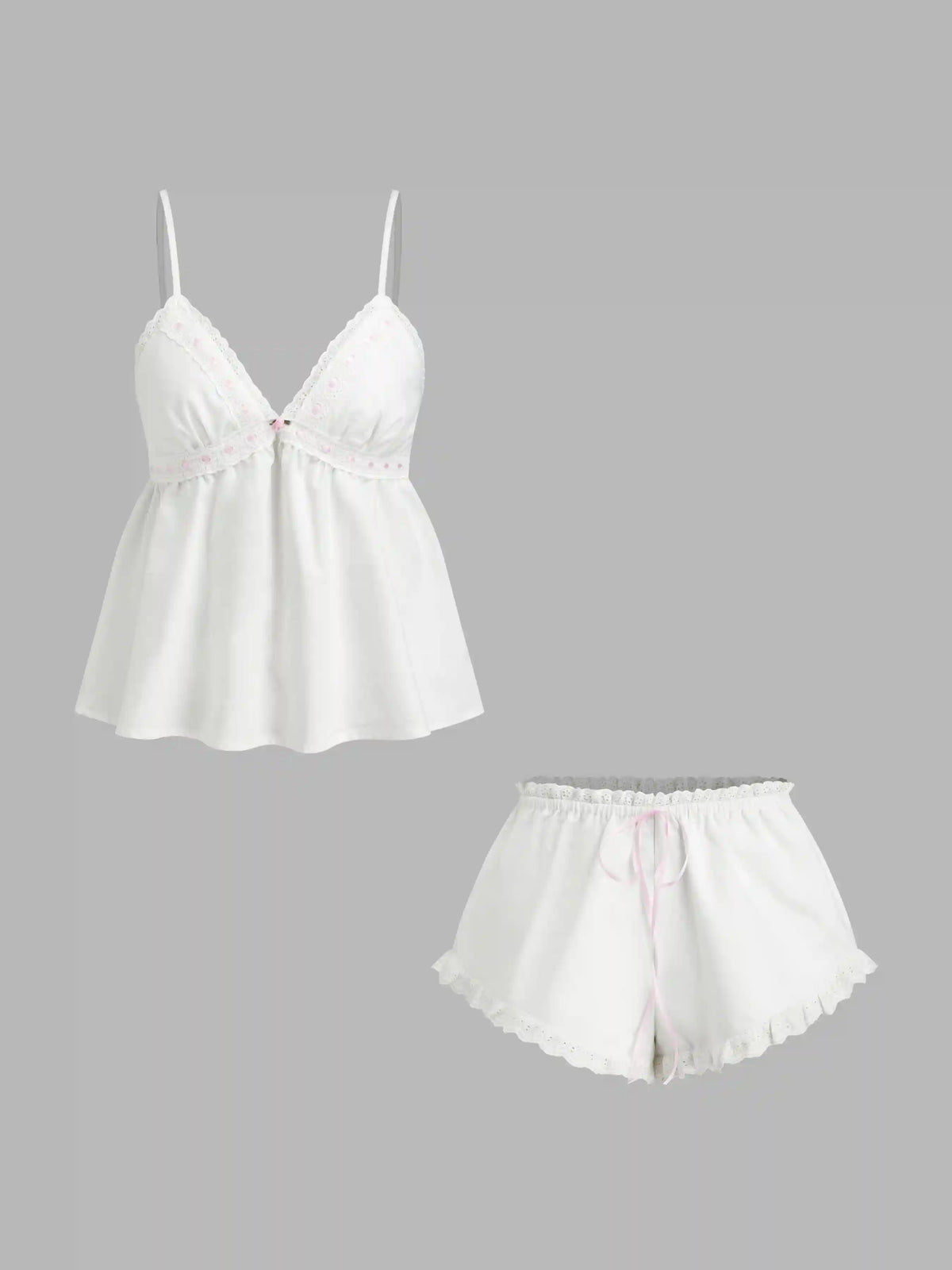 Linen-blend V-neck Rose Detail Lace Trim Ruffle Hem Top & Mid Rise Bowknot Shorts Loungewear Set