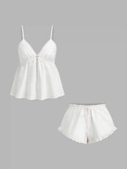 Linen-blend V-neck Rose Detail Lace Trim Ruffle Hem Top & Mid Rise Bowknot Shorts Loungewear Set