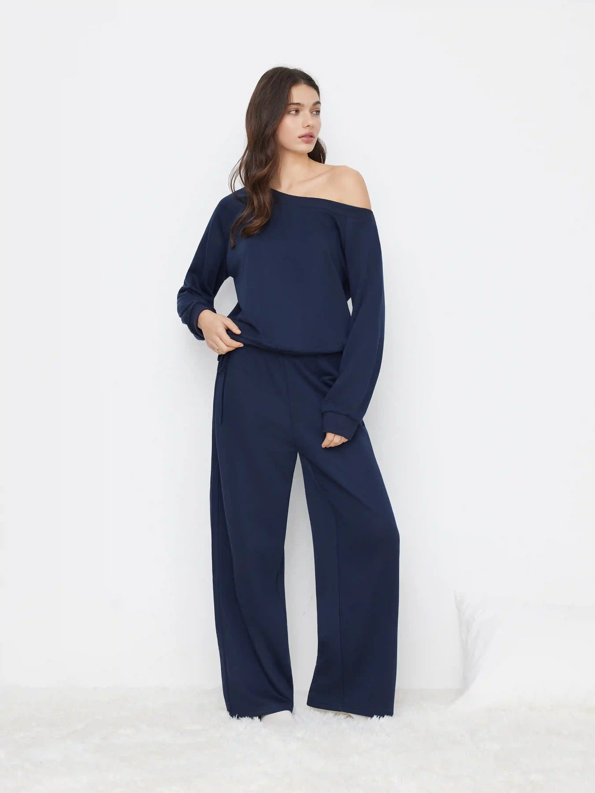Cotton-blend Asymmetrical Neck Oversized Top & Mid Rise Drawstring Side Knotted Trousers Loungewear Set