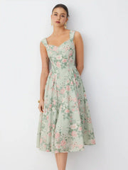 Linen-blend Floral Sweetheart Neckline Flared Midi Dress