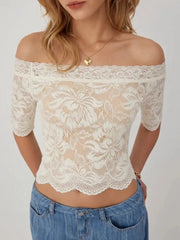 Lace Off-shoulder Mid-length Sleeve See-through Top
