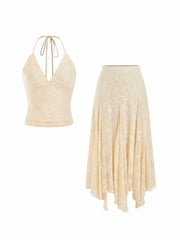 Lace V-neck Halter Neck Top & Asymmetrical Ruffle Midi Skirt Set