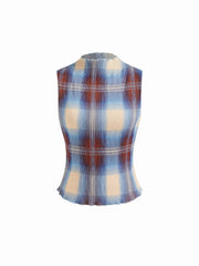High Neck Plaid Texture Lettuce Trim Tank Top
