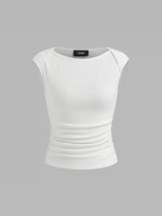 Cotton-blend Boat Neck Ruched Tank Top