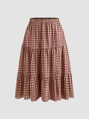 Cotton-blend Mid Rise Check Layered Maxi Skirt Curve & Plus