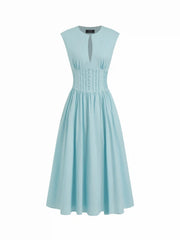 Cotton Sculptural Cut Out Pocket Ruched A-line Maxi Dress