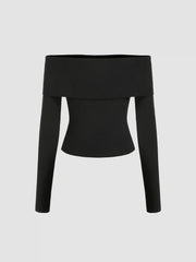 Off-shoulder Solid Long Sleeve Top