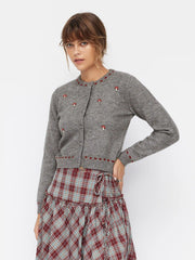 Knit Round Neckline Contrast Stitch Mushroom Embroidery Cardigan