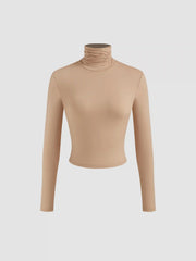 Second Skin Double Layered High Neck Solid Ruched Long Sleeve Crop Tee
