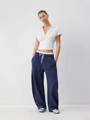 Cotton V-neck Ruched Short Sleeve Blouse