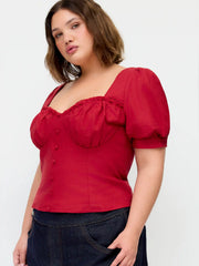 Linen-blend Sweetheart Neckline Lettuce Trim Shirred Puff Sleeve Blouse Curve & Plus