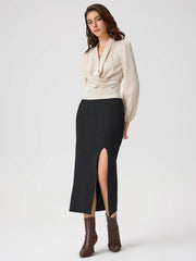 Satin V-neck Wrap Zip Long Sleeve Blouse