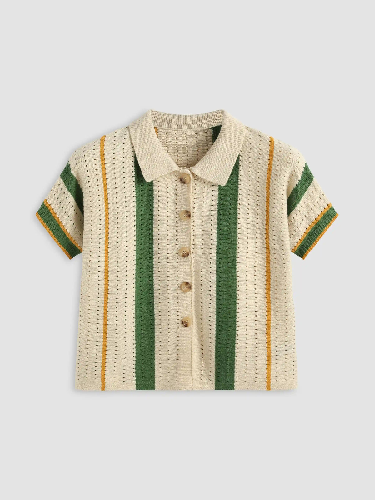 Knit Polo Striped Hollow Out Short Sleeve Top