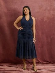Mesh Halter Neckline Glitter Ruched Tulle Maxi Dress Curve & Plus