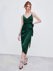 Satin V-neck Wrap Knotted Maxi Dress