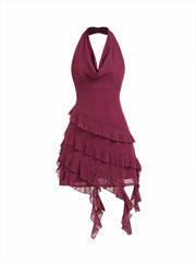 Shimmer Cowl Neck Asymmetrical Ruffle Hem Mini Dress