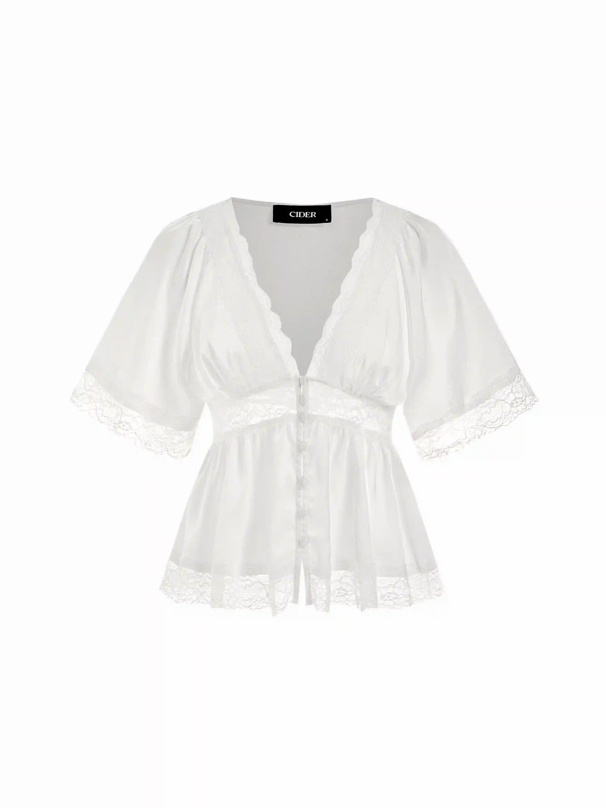 Satin V-Neck Lace Panel Ruffle Sleeve Blouse