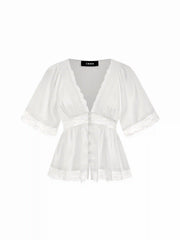 Satin V-Neck Lace Panel Ruffle Sleeve Blouse