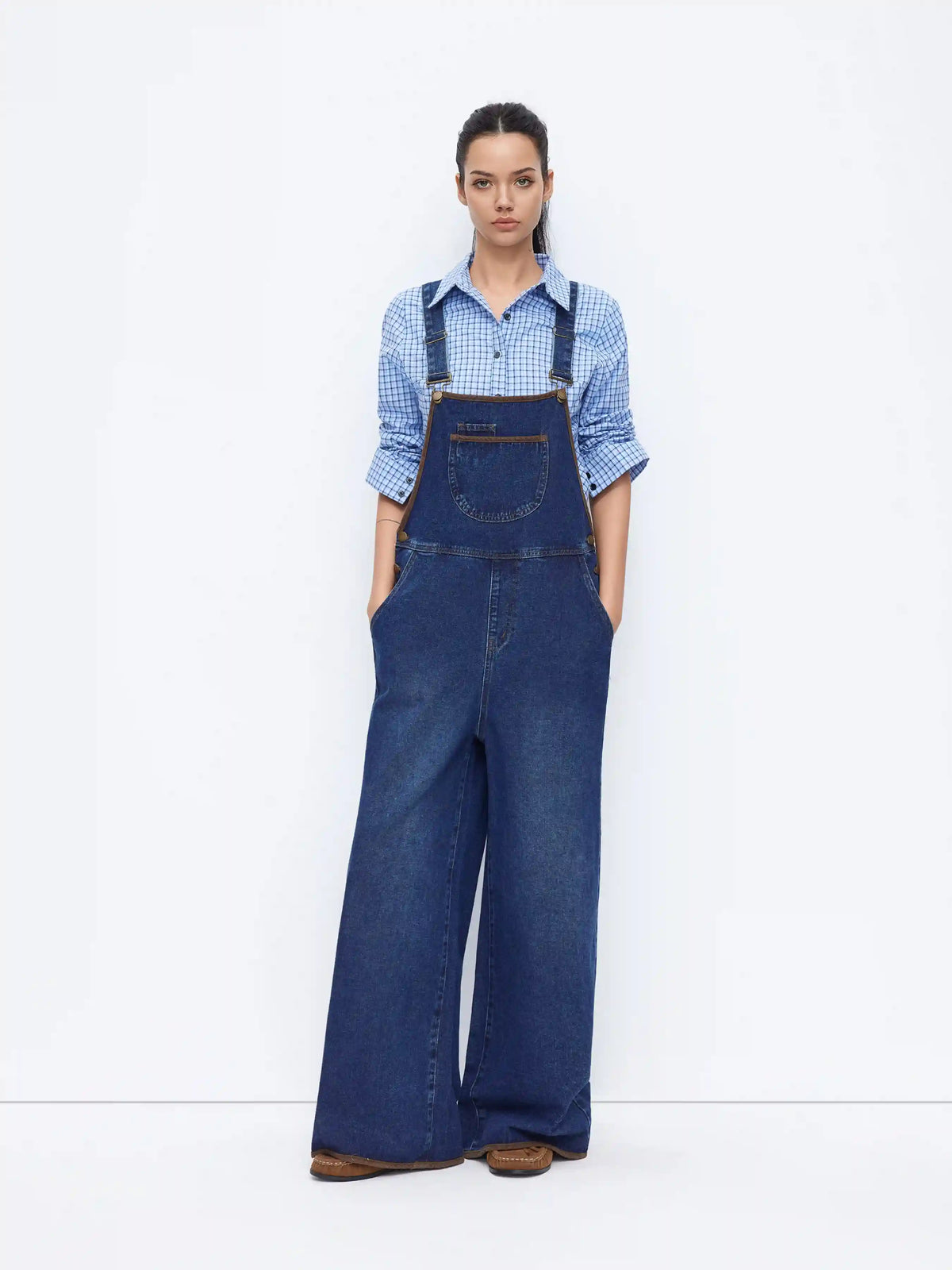 Denim Contrasting Binding Oversized Wide Leg Overall
