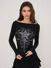 Boat Neck Star Graphic Long Sleeve Tee