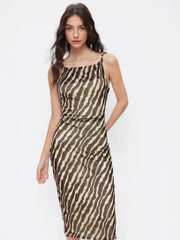 Zebra Stripe Mesh Boat Neck Twist Ruched Midi Dress