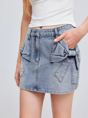 Denim Low Rise Solid Bowknot Mini Skirt