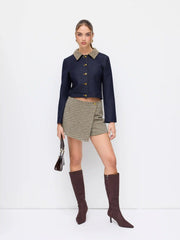 Plaid Collar Two Tone Button Oversized Crop Shacket