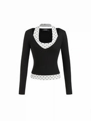 Halter Neckline Polka Dot Top & V Neck Long Sleeve Top