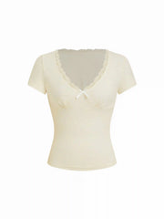 Jacquard Floral V-neck Lace Panel Bowknot Crop Tee