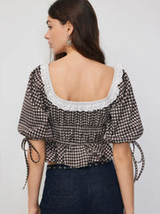 Gingham Square Neck Puff Sleeve Ruched Peplum Oversized Top