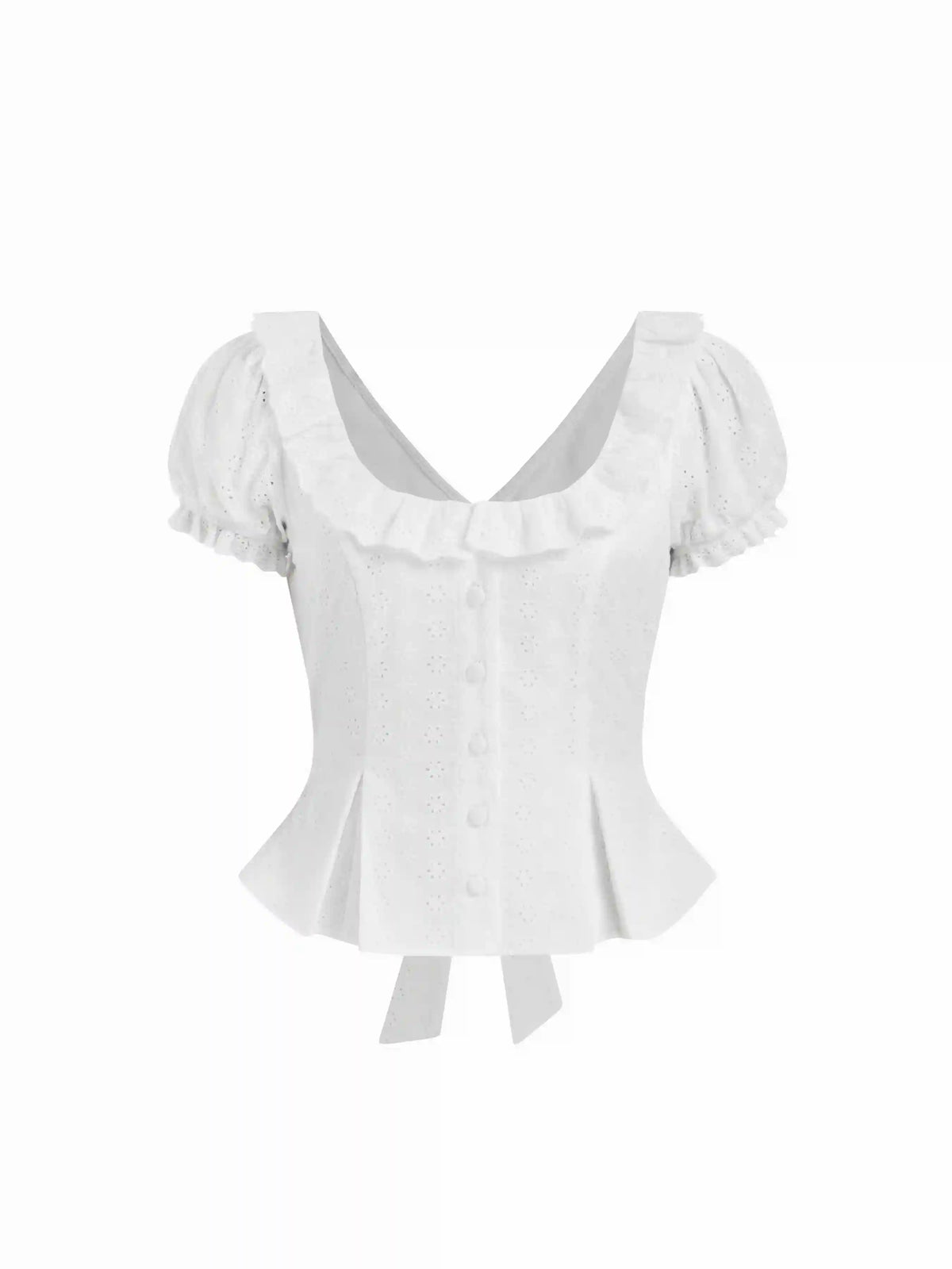 Jacquard Ruffled Scoop Neck Puff Sleeve Peplum Blouse