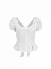 Jacquard Ruffled Scoop Neck Puff Sleeve Peplum Blouse