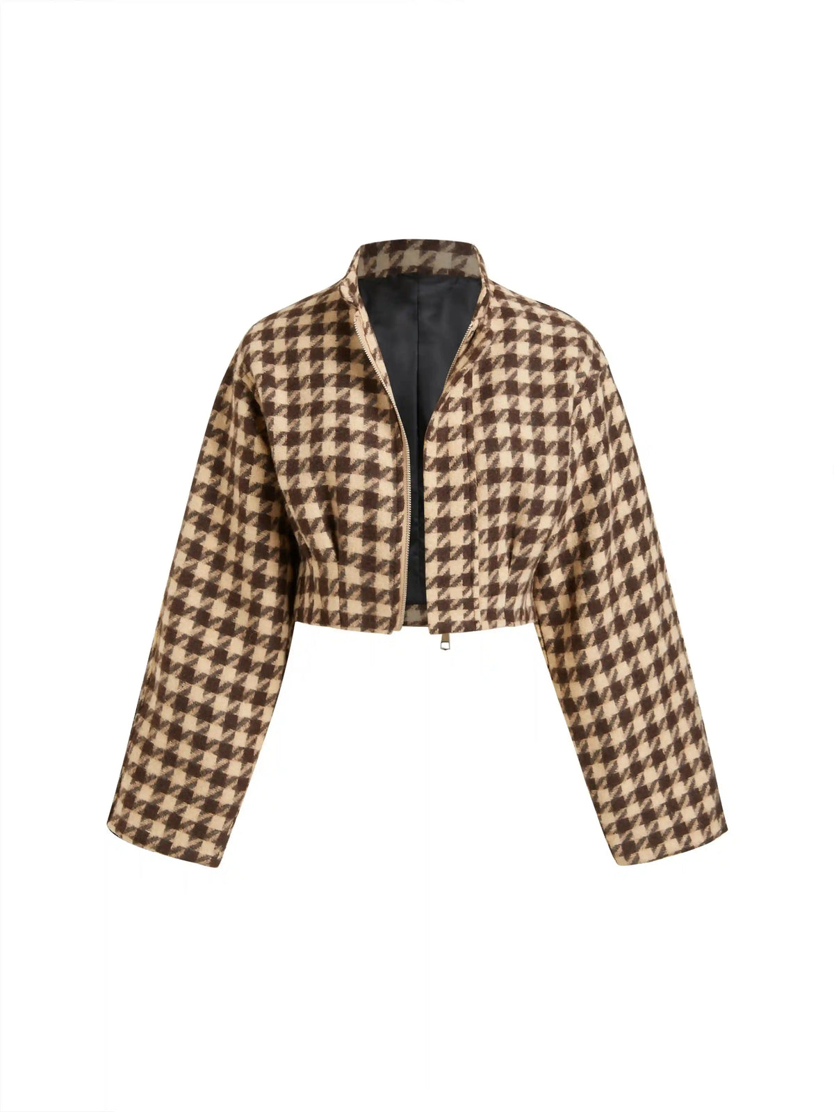 Jacquard Houndstooth Pleated Stand Collar Crop Jacket