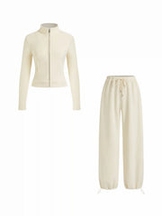 Fleece Stand Collar Top & Midi Rise Drawstring Straight Leg Pants Set