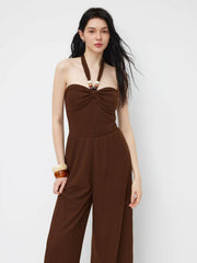Halter Neckline Kontted Beaded Ruched Jumpsuit