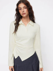 Cotton-blend Polo Ruched Hanky Hem Long Sleeve Top