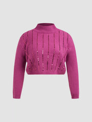 Knitted High Neck Sequins Long Sleeve Crop Top Curve & Plus