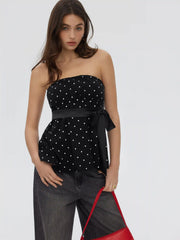 Cotton-blend Polka Dot Satin Bow Belt Bandeau Top
