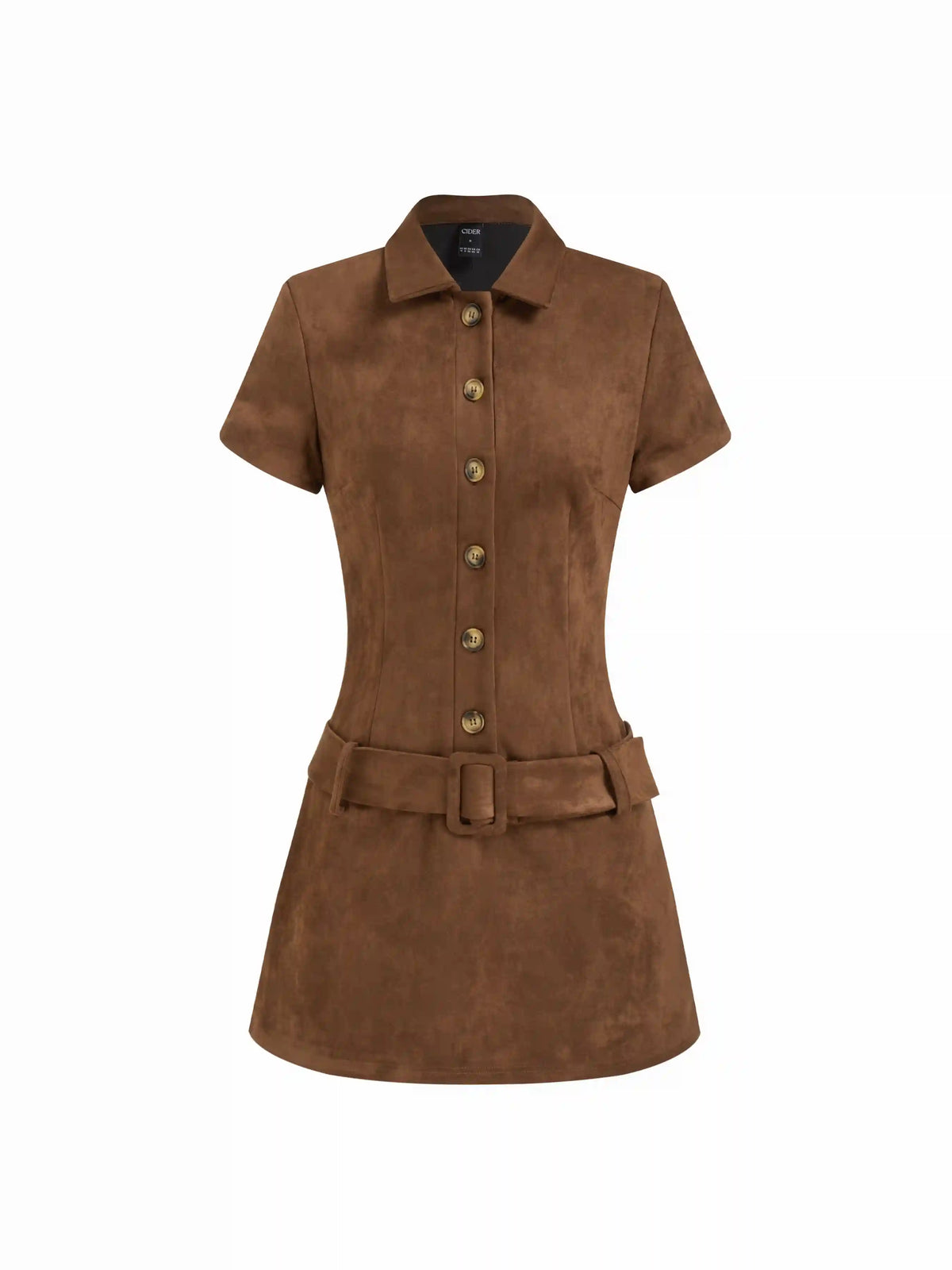 Suede Polo Button Front Belted Mini Dress