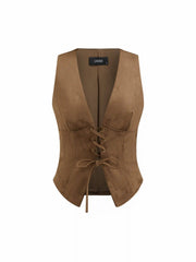 Suede V-neck Lace Up Blazer Vest